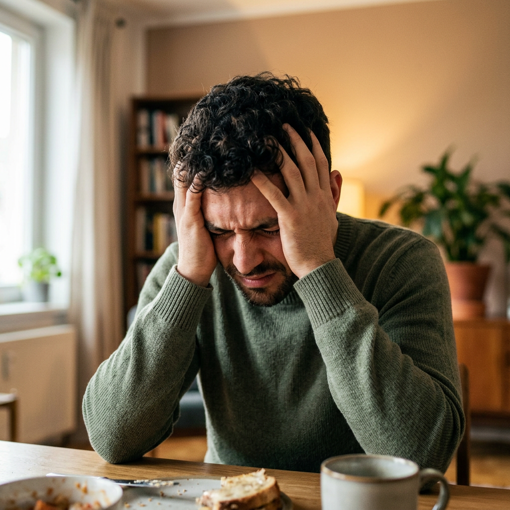 Man holding head with closed eyes in frustration at breakfast table